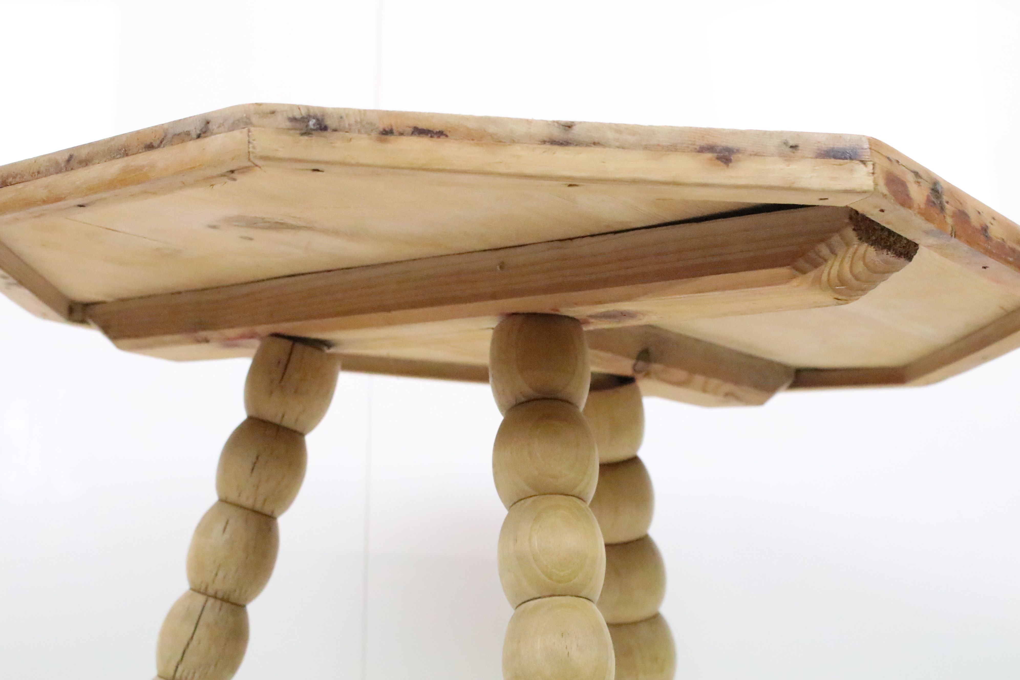 Victorian Pine Cricket type Table, the octagonal top raised on three bobbin legs, 53cm wide x 59cm - Image 4 of 5
