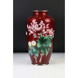 Japanese Ando Cloisonne Vase on Silver coloured base, the red body decorated with flowers, marked to