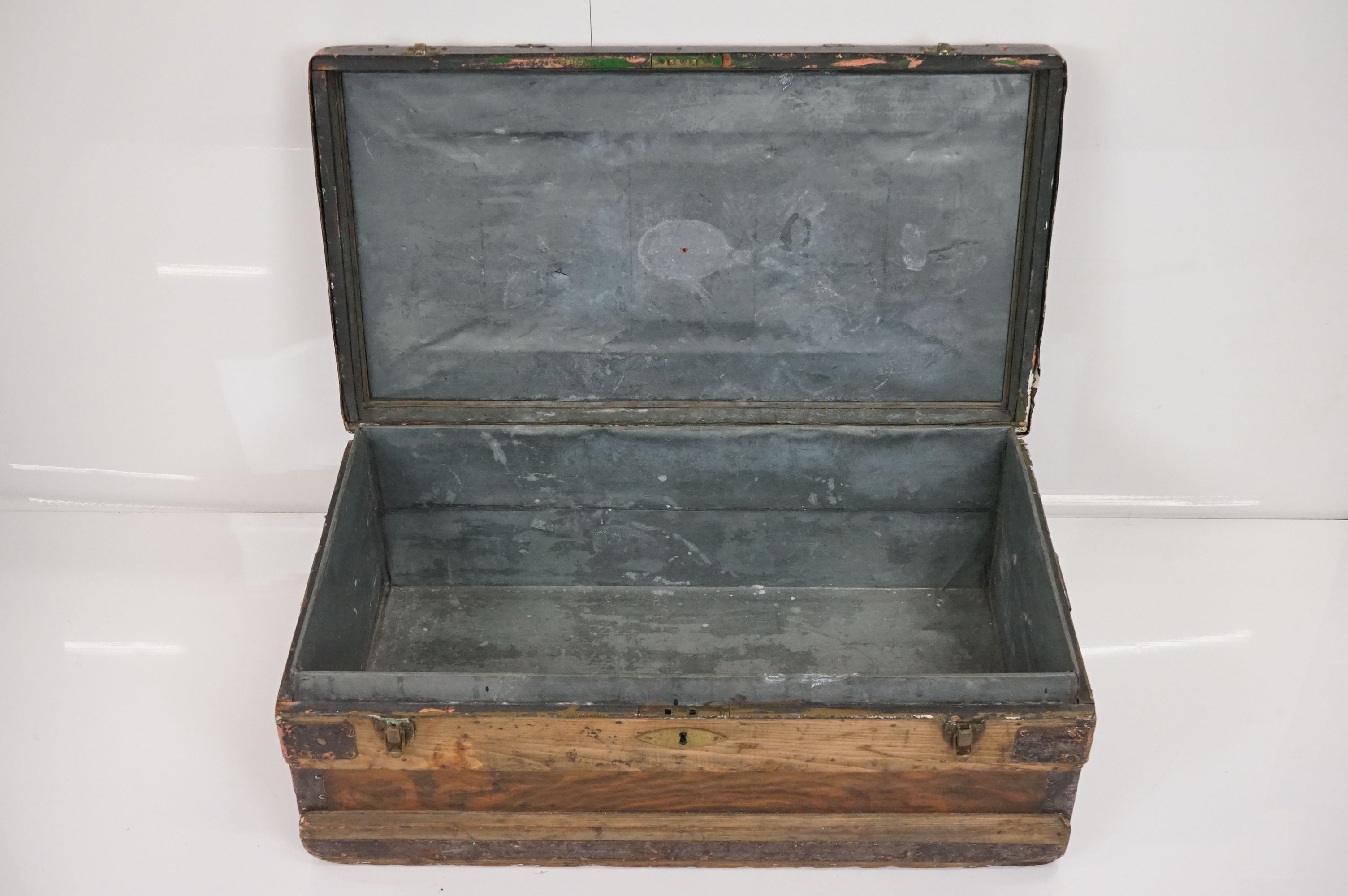 19th century Pine and Metal Bound Travelling Trunk / Box with two carrying handles, 81cm wide x 31cm - Image 5 of 12