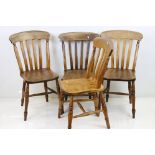 Set of Three 19th century Elm and Beech Lathe Back Kitchen Chairs, each 41cm wide x 89cm high