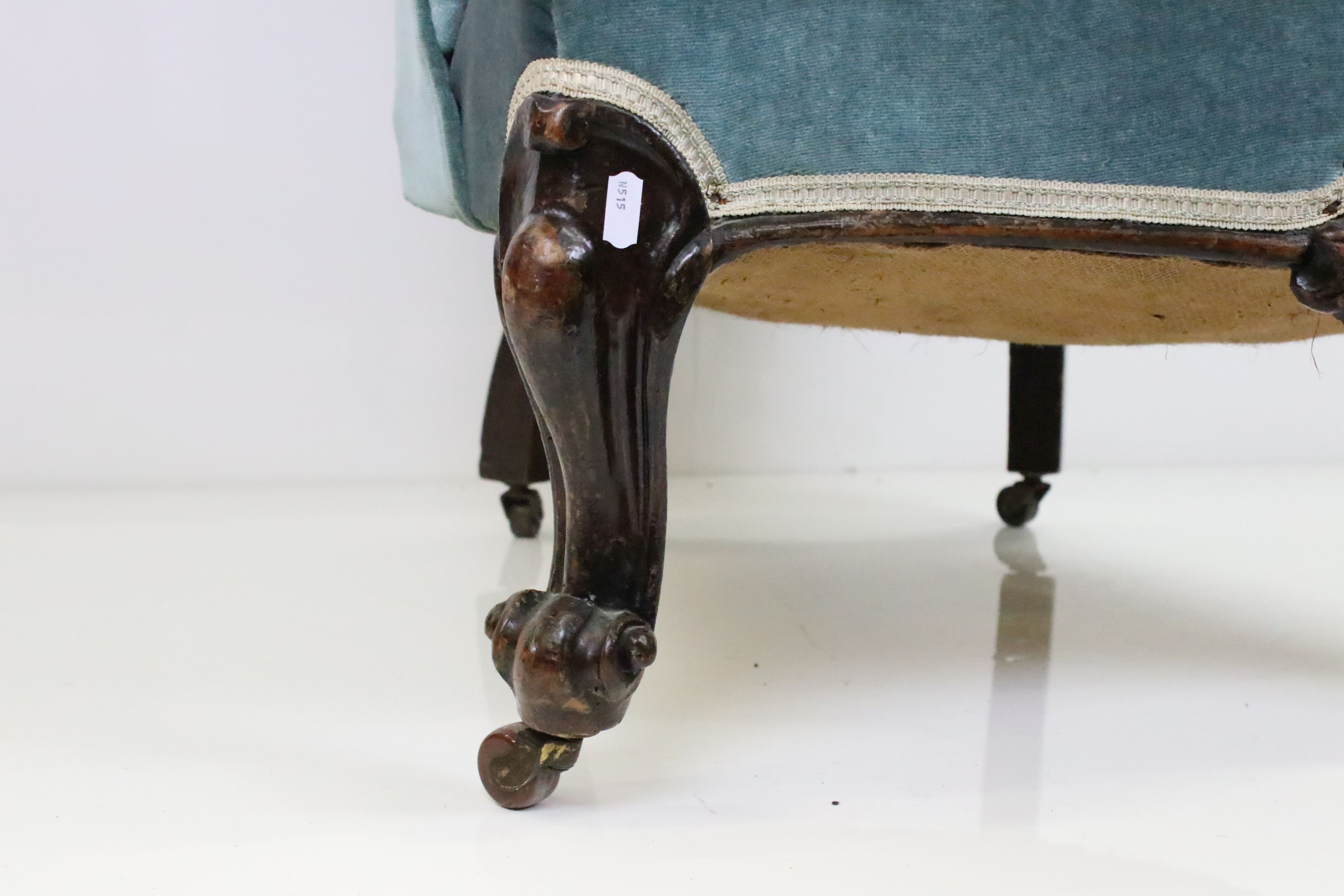 Victorian Button Back Armchair upholstered in blue fabric, raised on carved scrolling front legs - Image 5 of 7