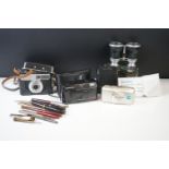 A box of mixed collectables to include cameras, binoculars, fountain pens and a hallmarked