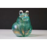 20th Century iridescent green glass frog paperweight, in the manner of John Ditchfield, signed to