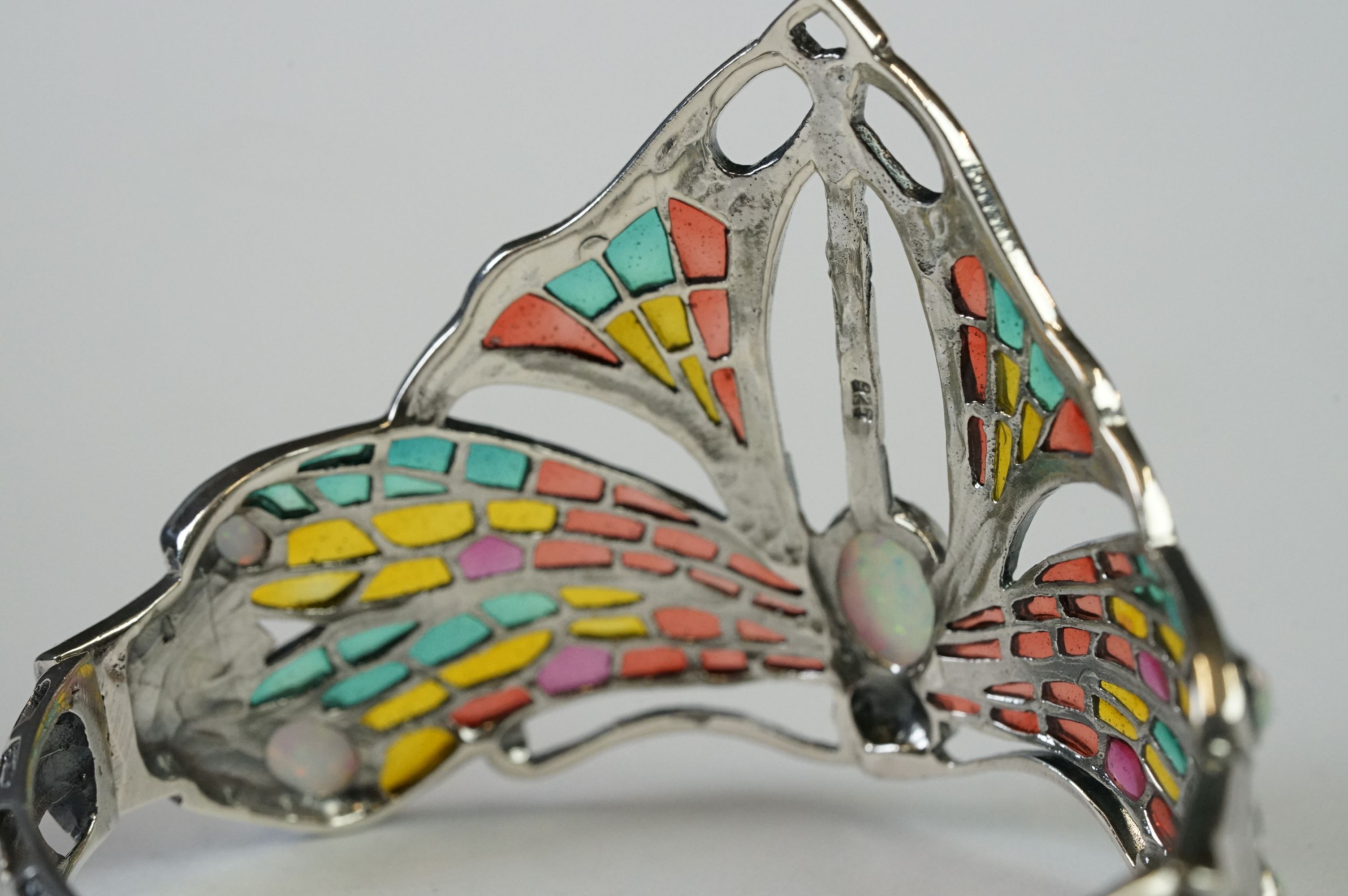 Large Silver Plique a Jour Cuff Bangle in the Art Deco style with opal cabochons - Image 8 of 11