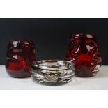 William Wilson and Harry Dyer for Whitefriars - Three ' Knobbly ' range pieces to include 2 x Ruby