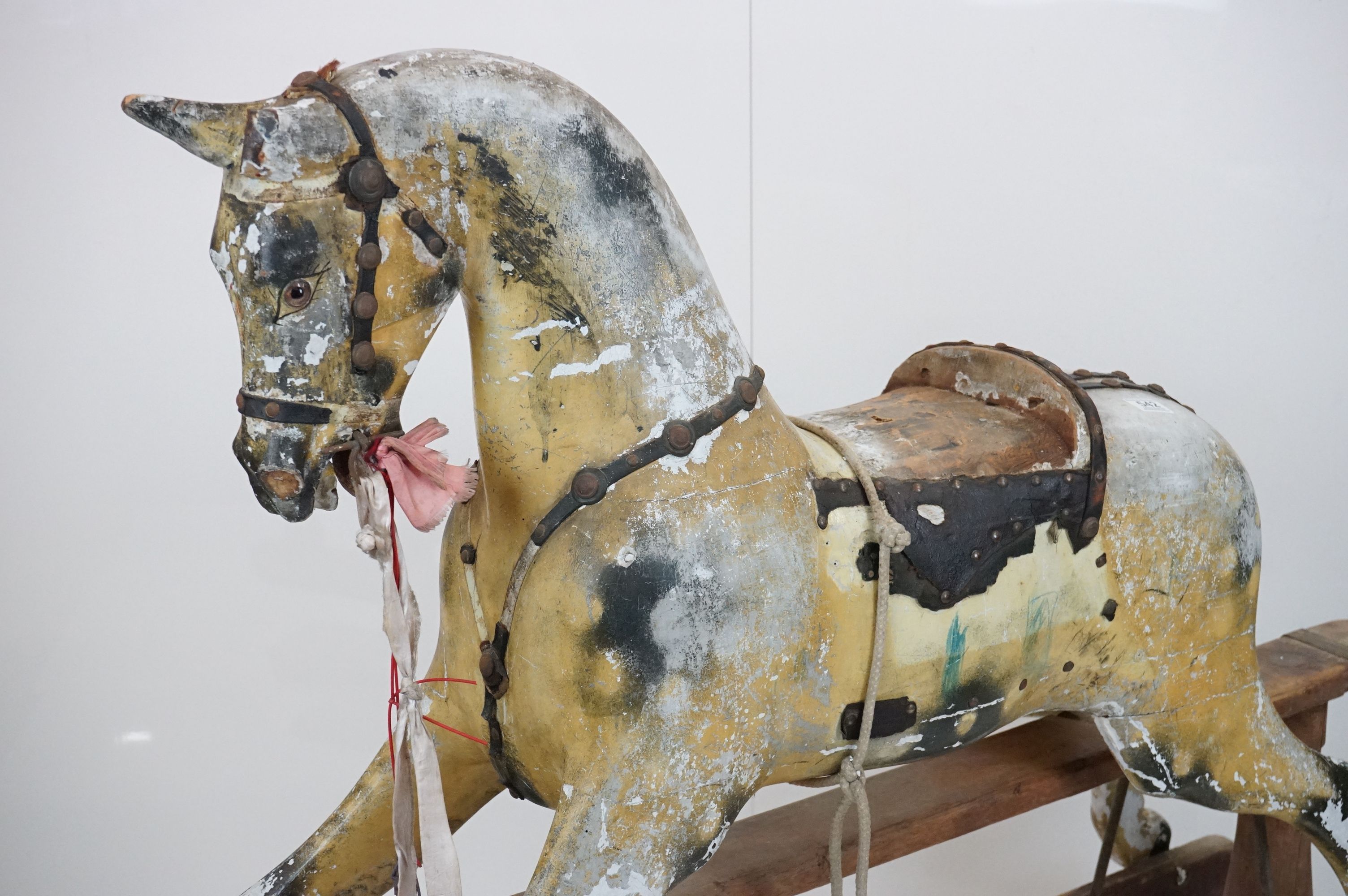 Victorian Carved Wooden Rocking Horse for restoration, painted dapple grey finish, inset glass eyes, - Image 13 of 16