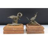Two Patinated Metal sculptures to include a Nesting Crane (9cm high) and a Whale on naturalistic