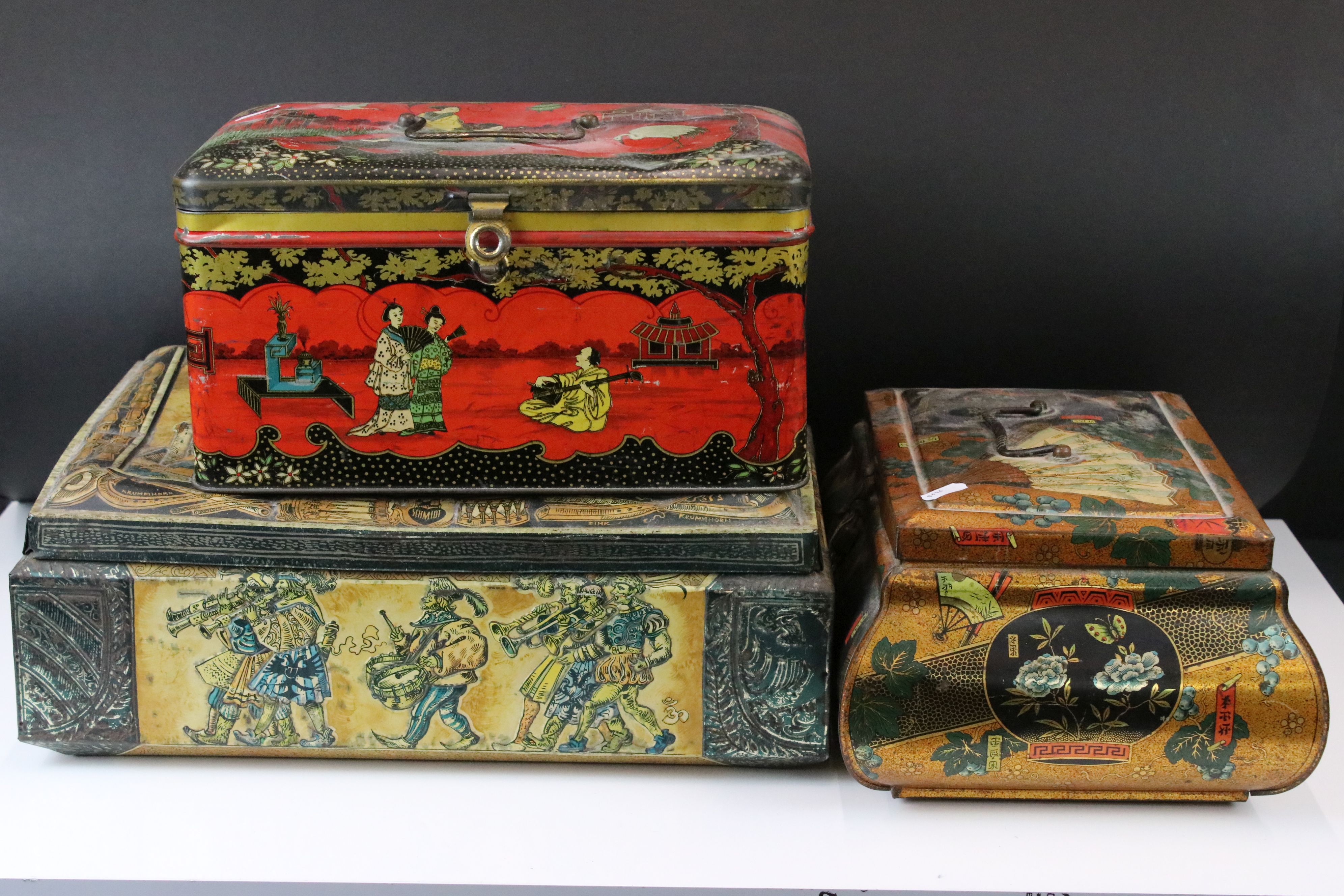 Two Chinese-style Biscuit Tins to include a bombe-shaped example - 31.5cm wide (containing a