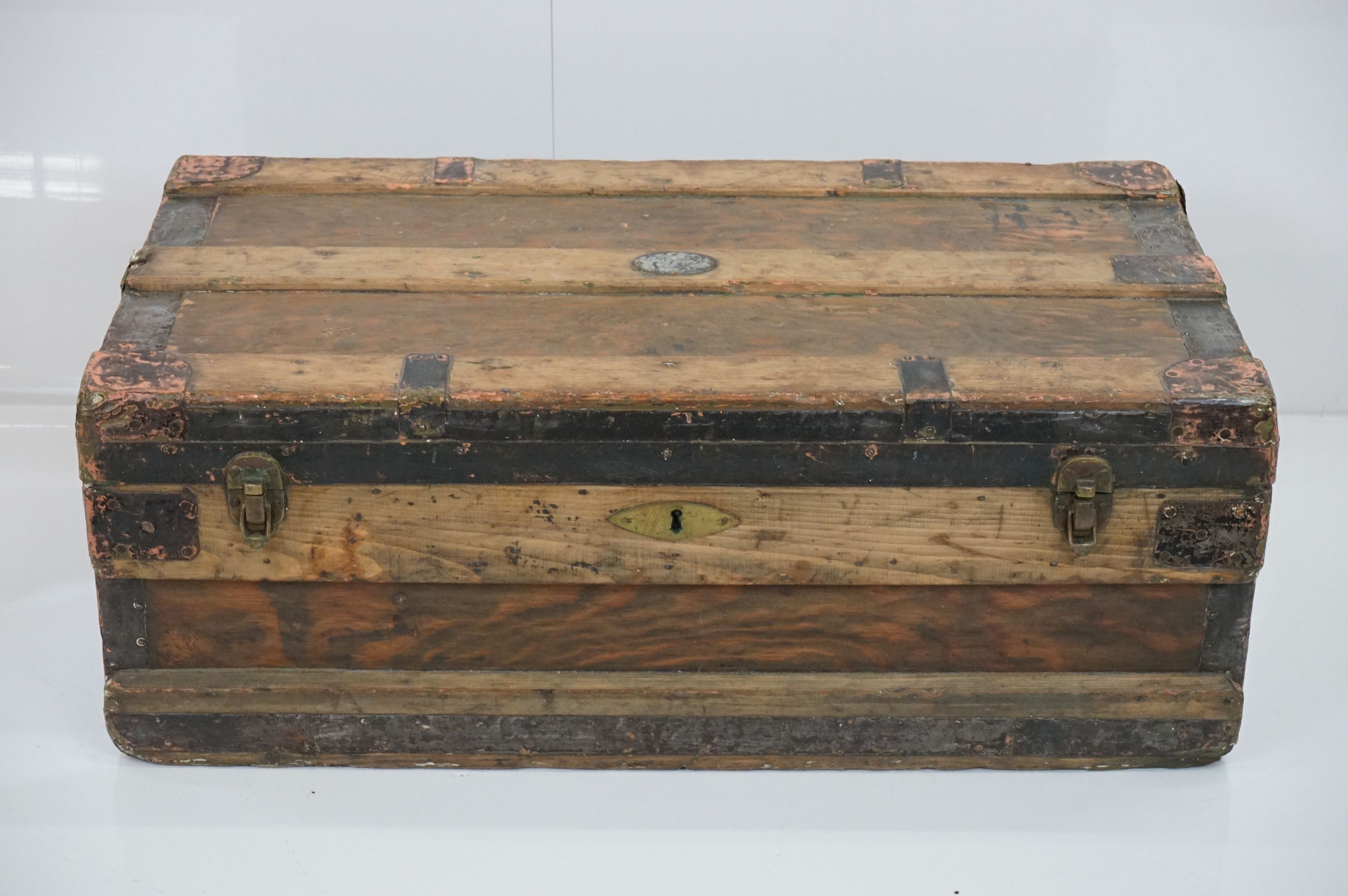 19th century Pine and Metal Bound Travelling Trunk / Box with two carrying handles, 81cm wide x 31cm - Image 3 of 12