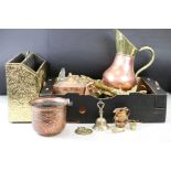 A collection of mixed brass and copper ware to include Jugs, Kettle, Magazine rack,