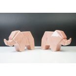 Pair of Art Deco pink crackle-glazed ceramic elephants, of geometric form, 16cm high