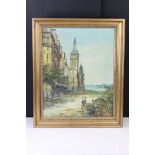 Oil on Board Continental Impressionist scene of a Medieval City with Cathedral and Figures in