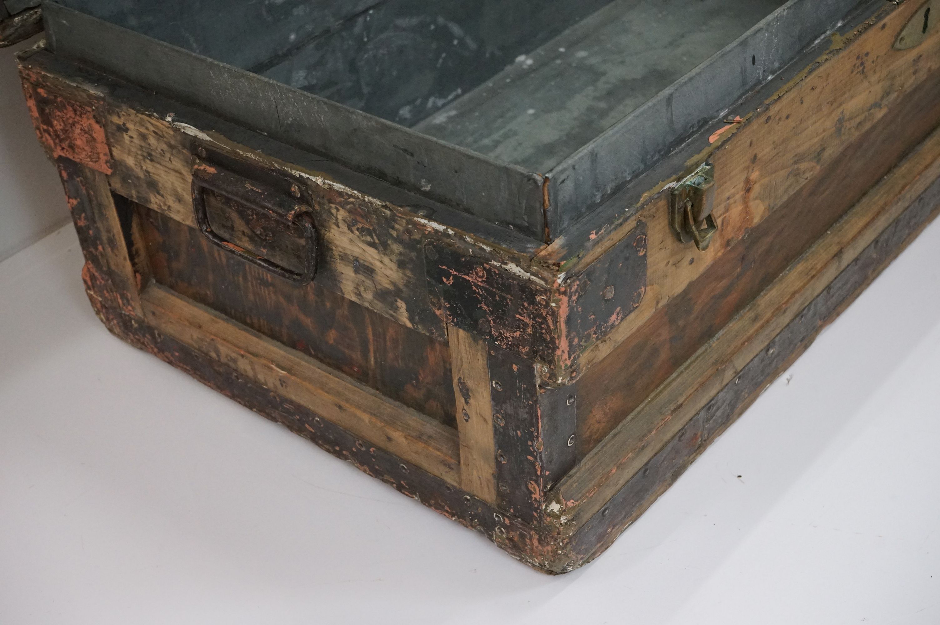 19th century Pine and Metal Bound Travelling Trunk / Box with two carrying handles, 81cm wide x 31cm - Image 7 of 12