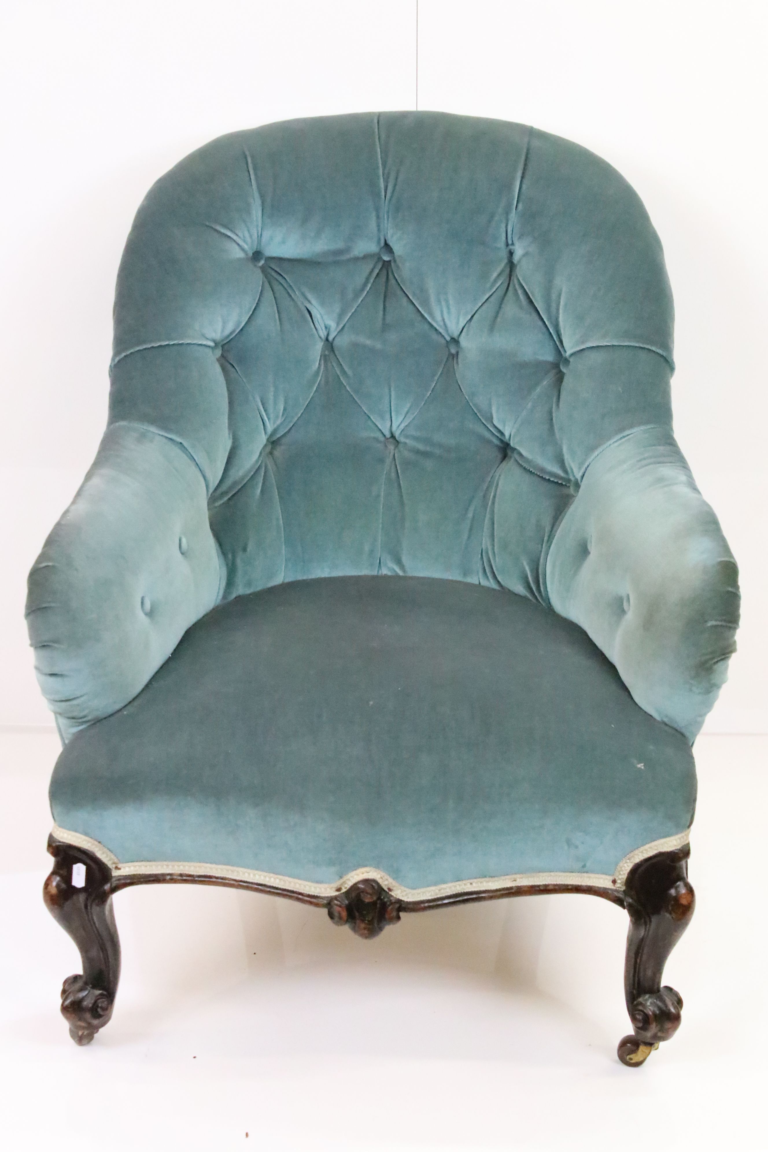 Victorian Button Back Armchair upholstered in blue fabric, raised on carved scrolling front legs - Image 2 of 7