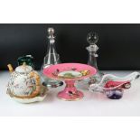 Group of mixed glass & ceramics to include a late 19th / early 20th century pink ground porcelain
