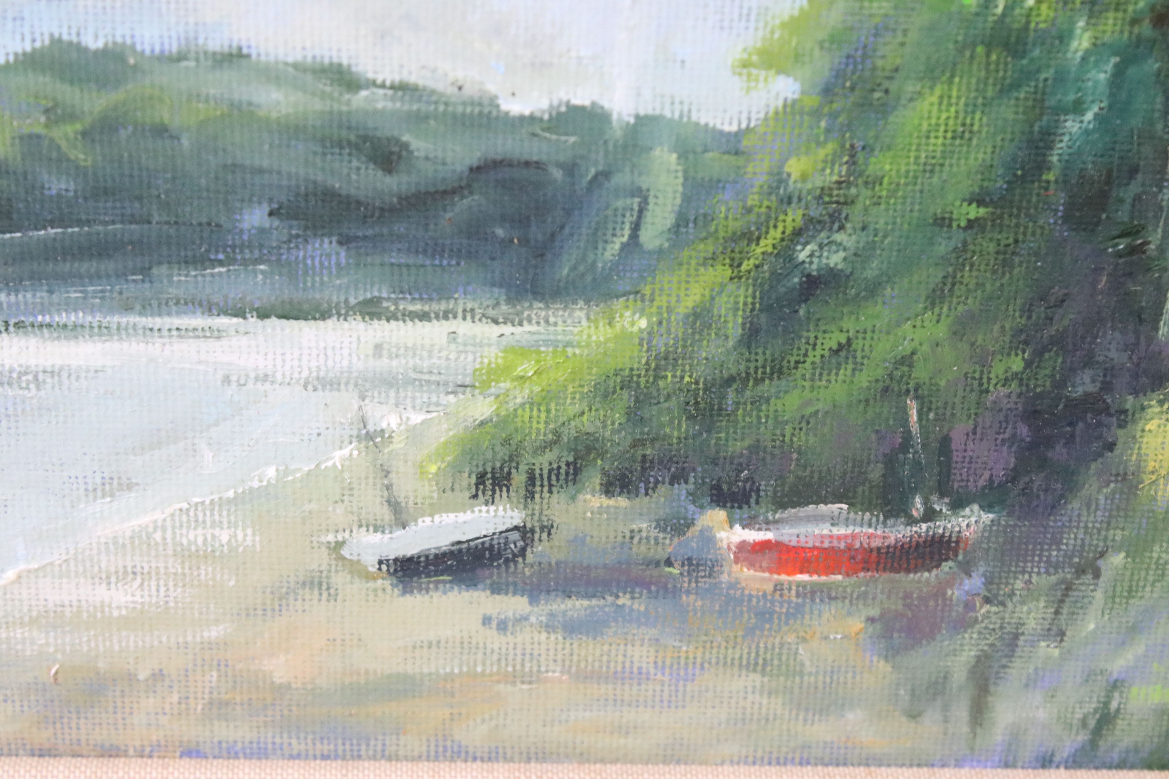 JFW Oil on Board, Impressionist Estuary View with Woman by Country House, label on verso Booths - Image 3 of 6