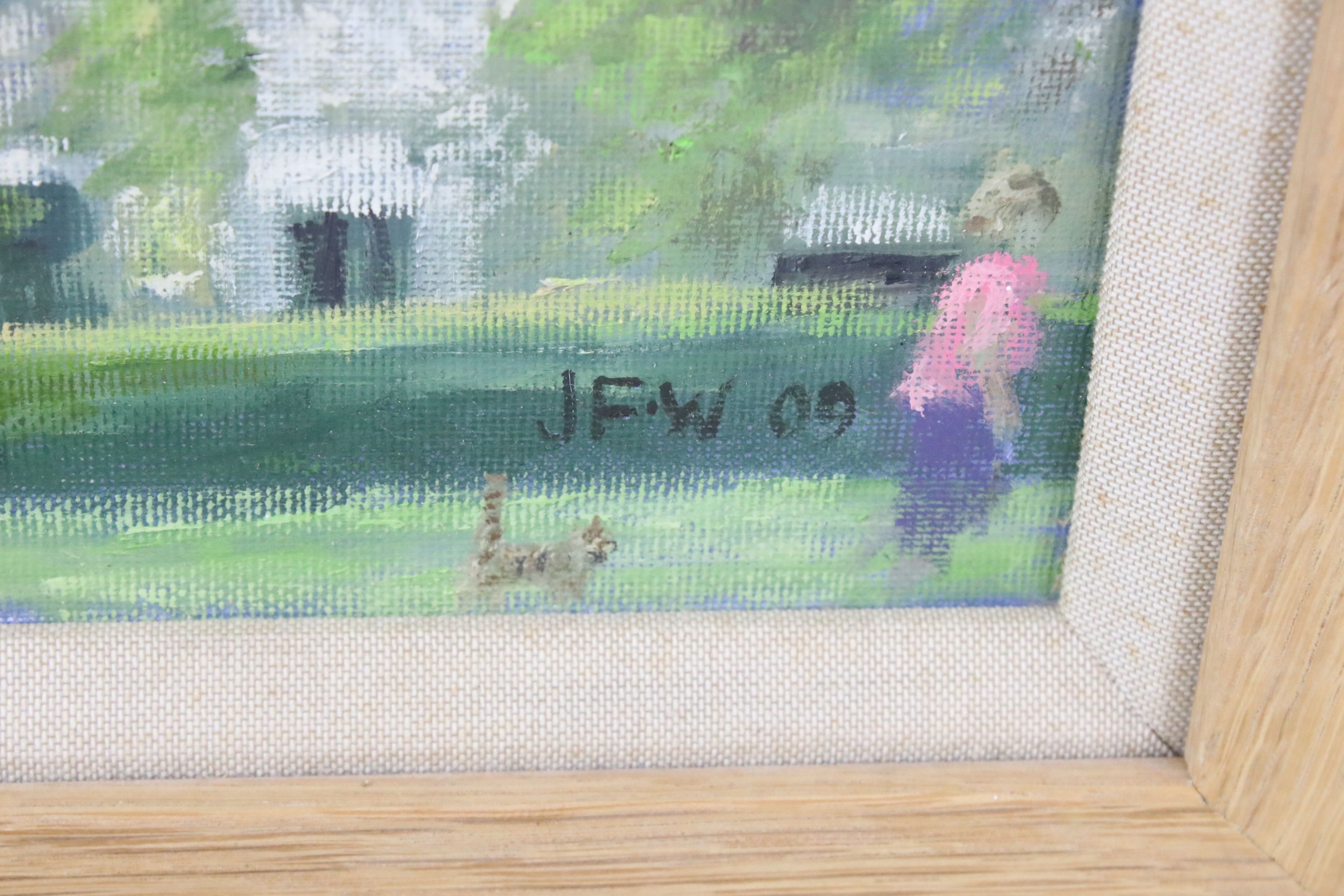 JFW Oil on Board, Impressionist Estuary View with Woman by Country House, label on verso Booths - Image 5 of 6