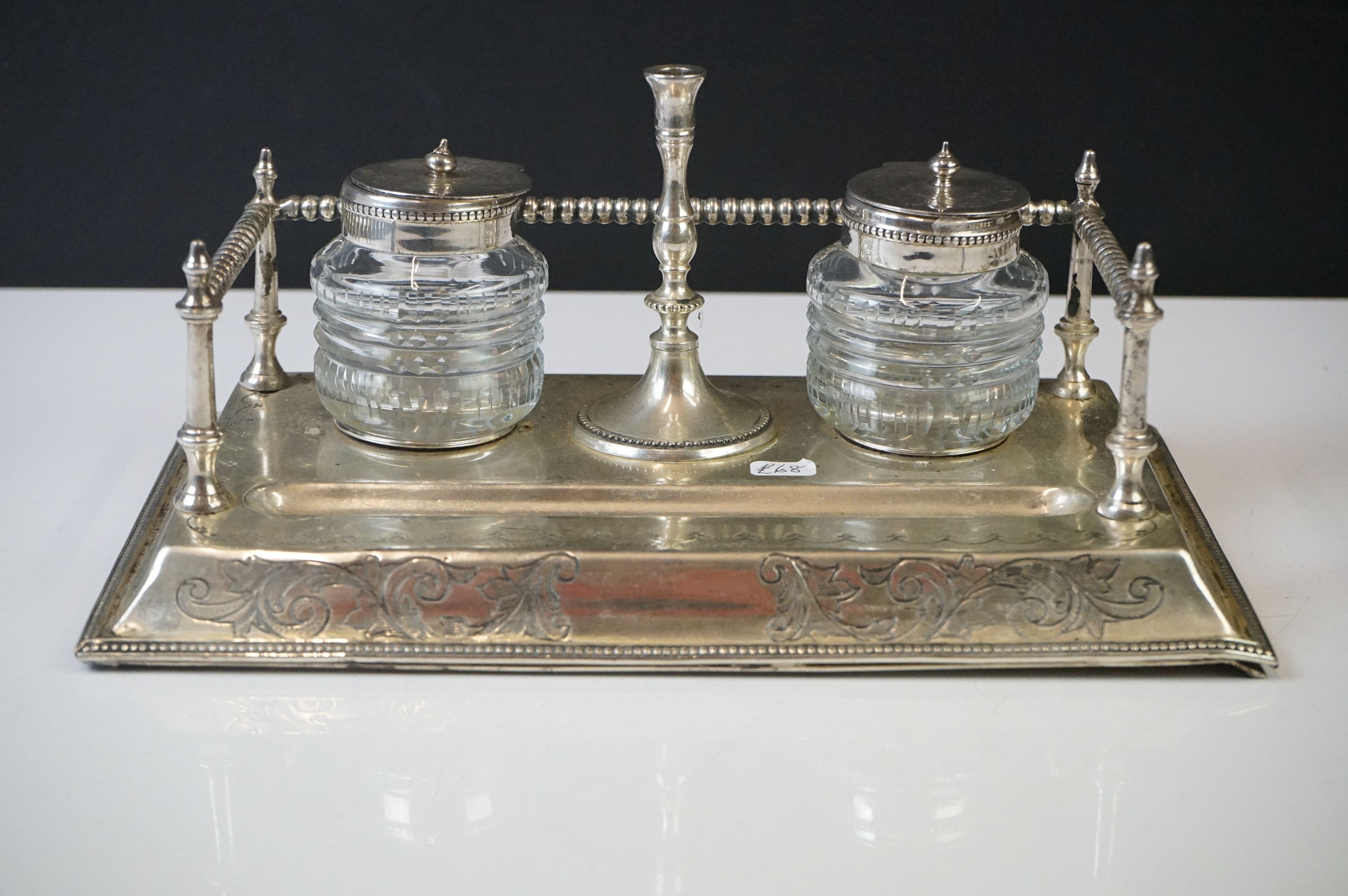 An antique silver plated standish with taper holder and double inkwells. - Image 2 of 14