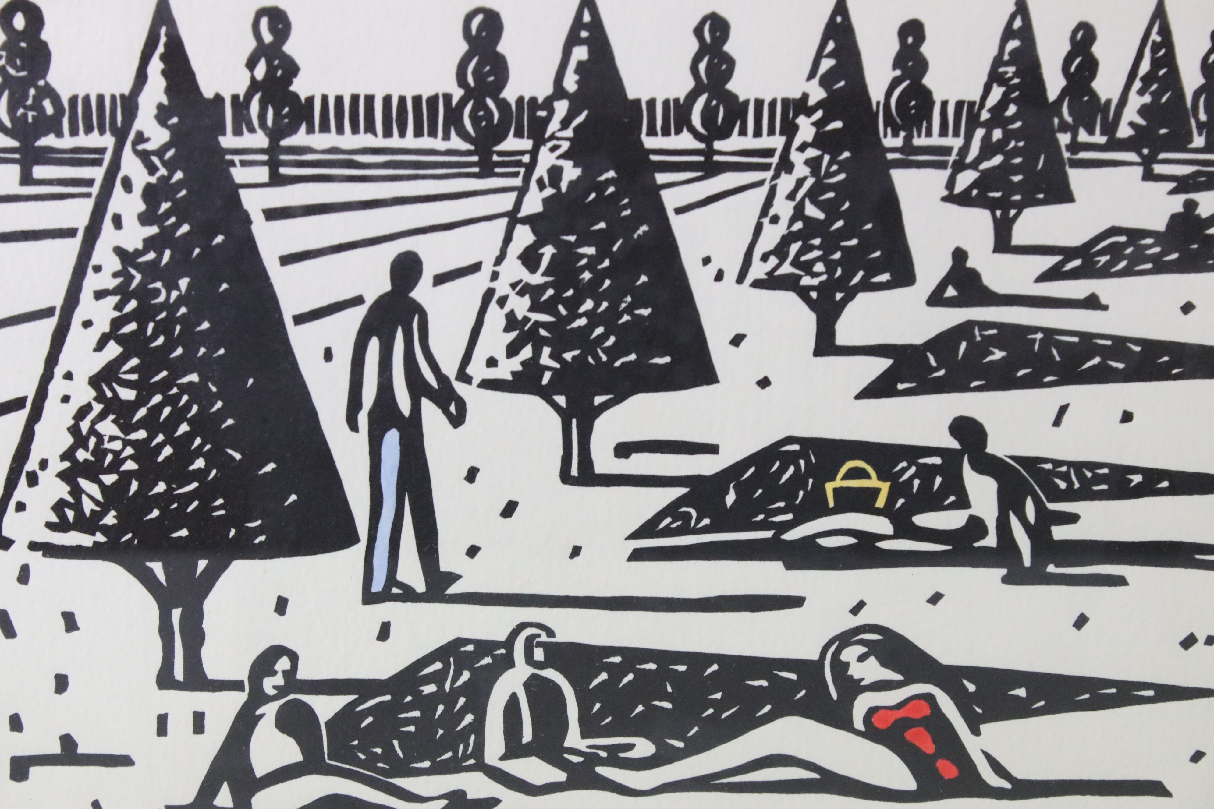 S. G., Framed and Glazed Linocut of Figures in Landscape titled ' Afternoon in the sun ', - Image 2 of 9