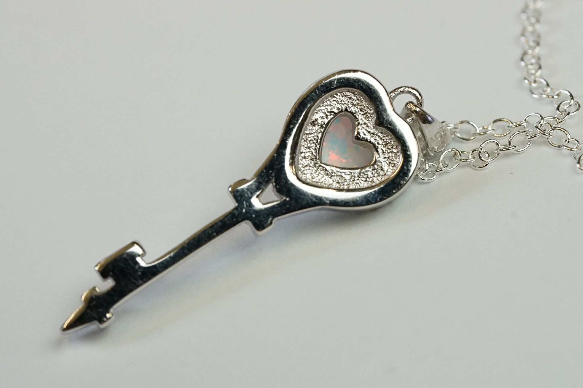 Silver CZ and Opal Key shaped Tiffany style Pendant Necklace - Image 4 of 7