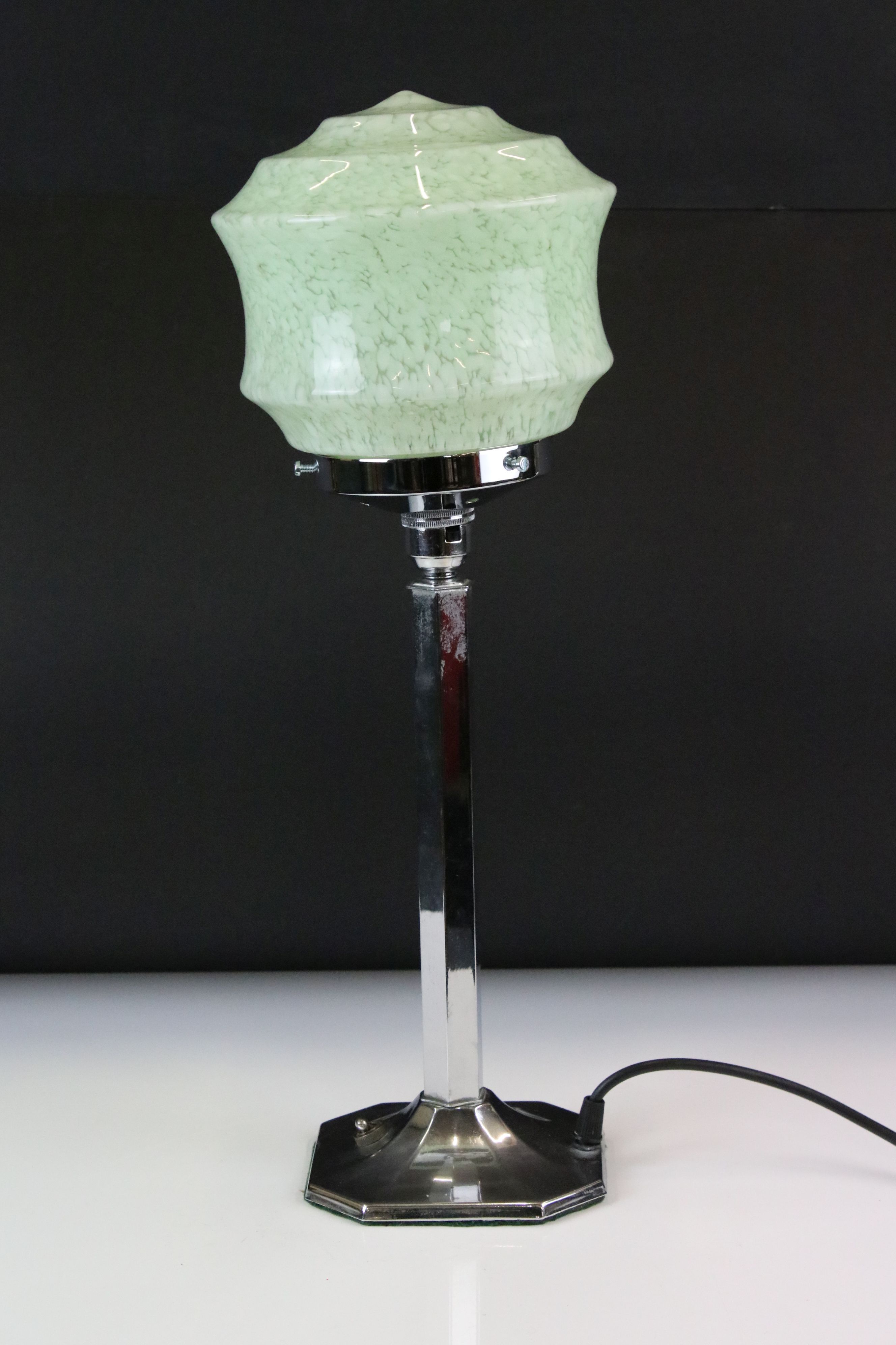 Art Deco chrome table lamp with mottled green glass shade, above a hexagonal column on an - Image 2 of 5