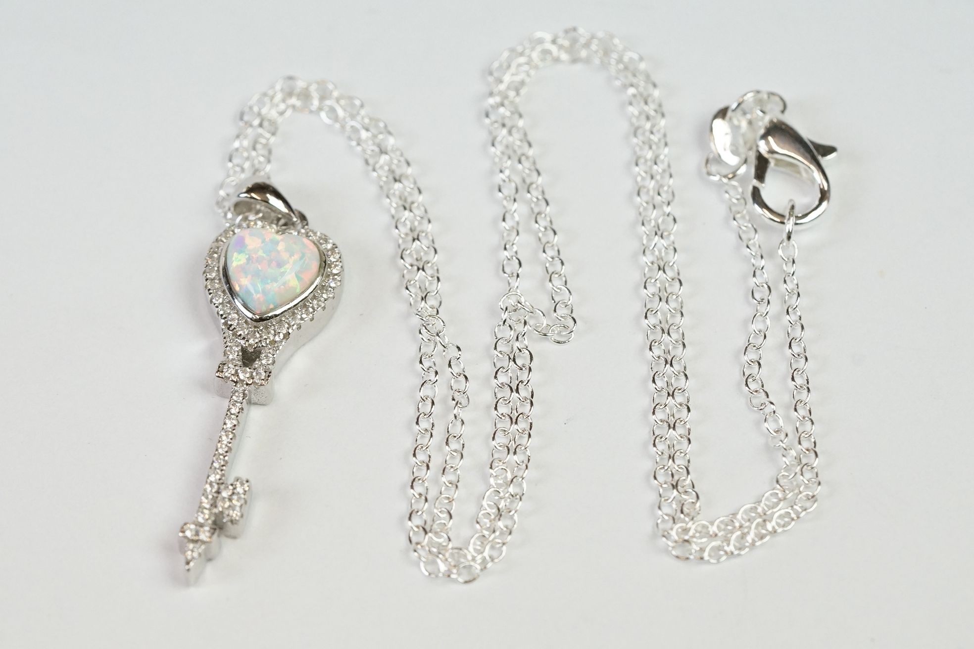 Silver CZ and Opal Key shaped Tiffany style Pendant Necklace