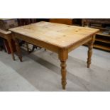 Pine Rectangular Kitchen Table raised on turned legs, 152cm long x 92cm wide x 77cm high