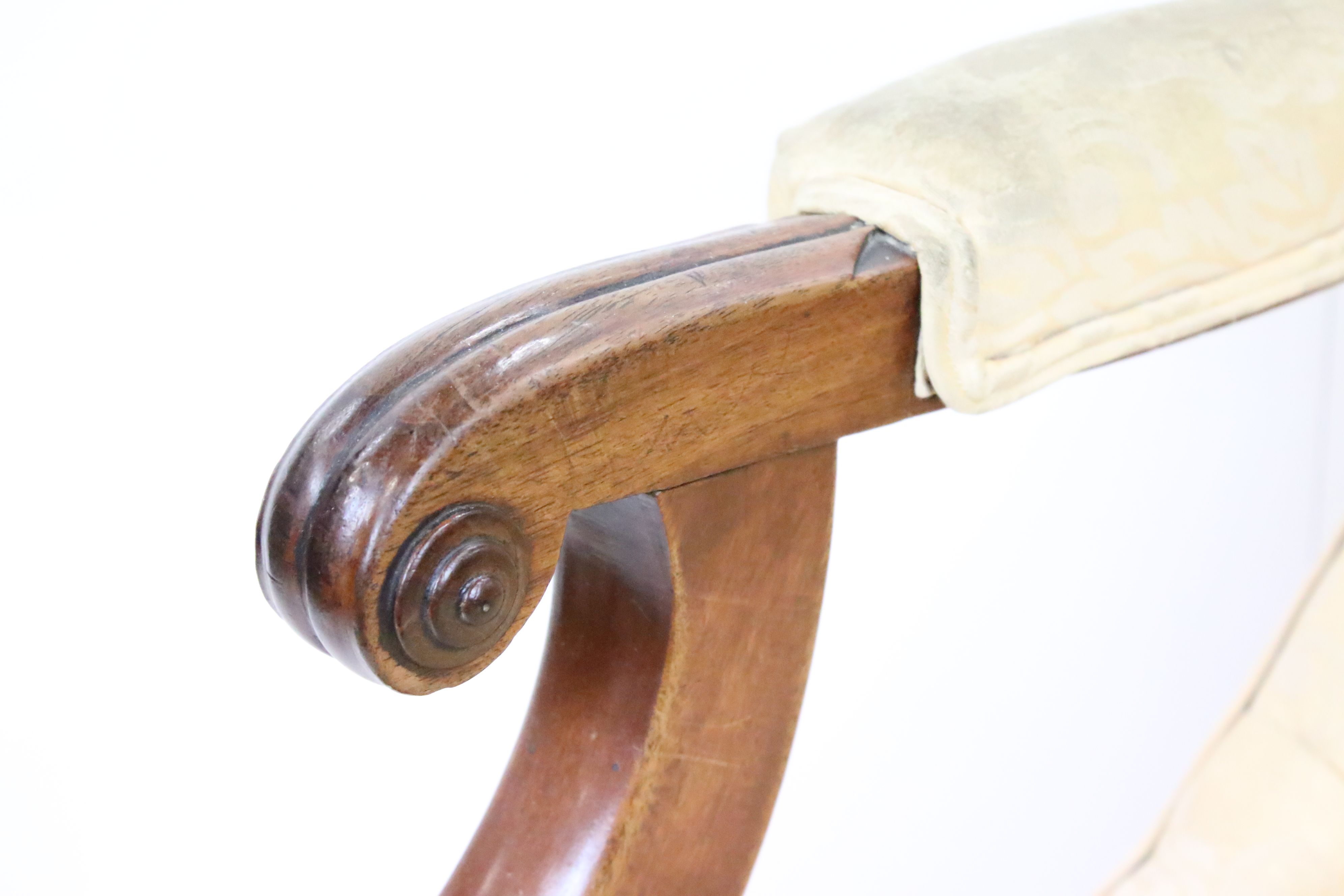 19th century Cream Upholstered Armchair, the mahogany show frame with scrolling carved arms, - Image 5 of 7