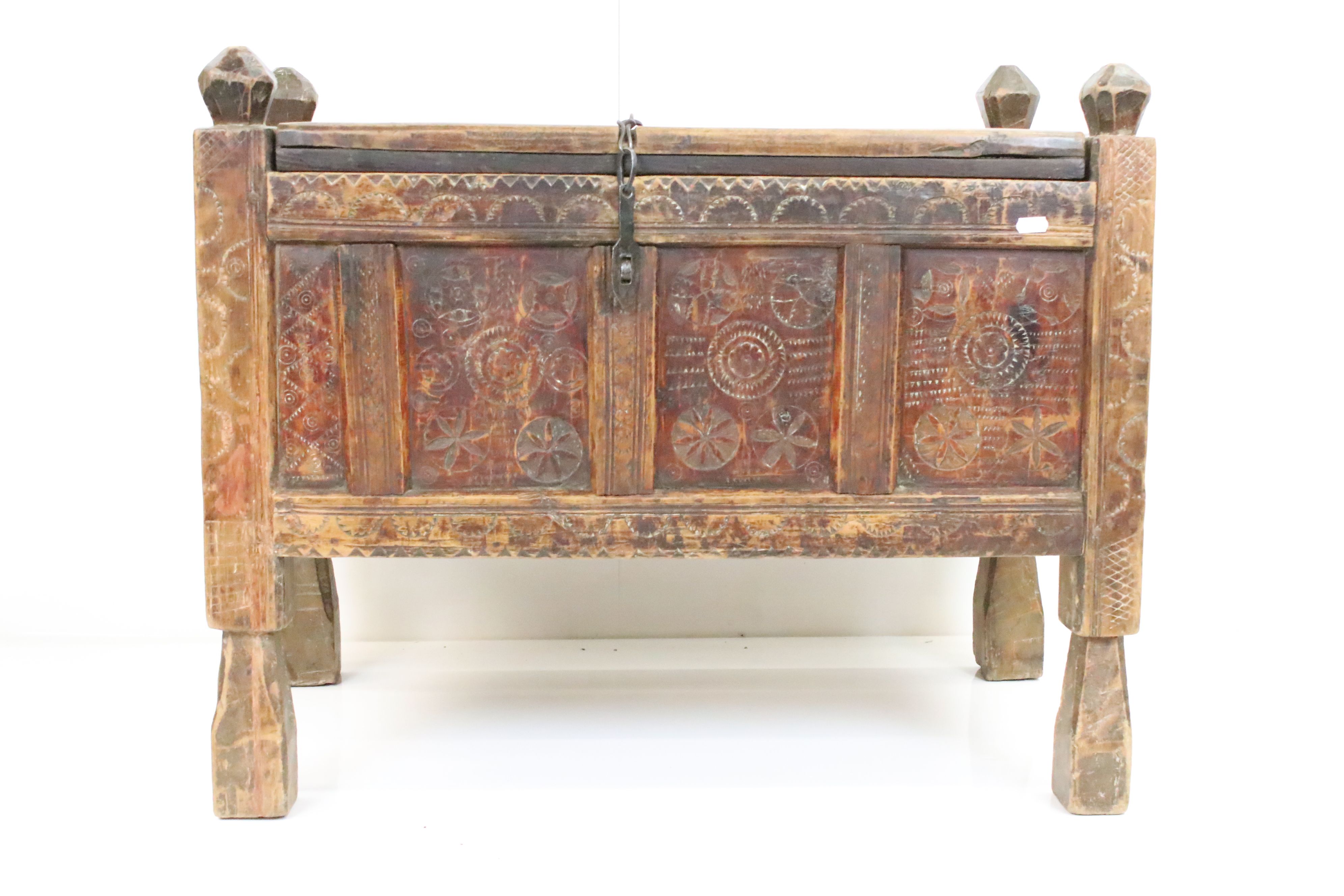 Afghan Hardwood Marriage / Dowry Chest with geometric chip carved decoration to front, 79cm long x - Image 4 of 10