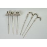 Set of Six White Metal Cocktail Sticks in the form of Top Hats and Walking Sticks