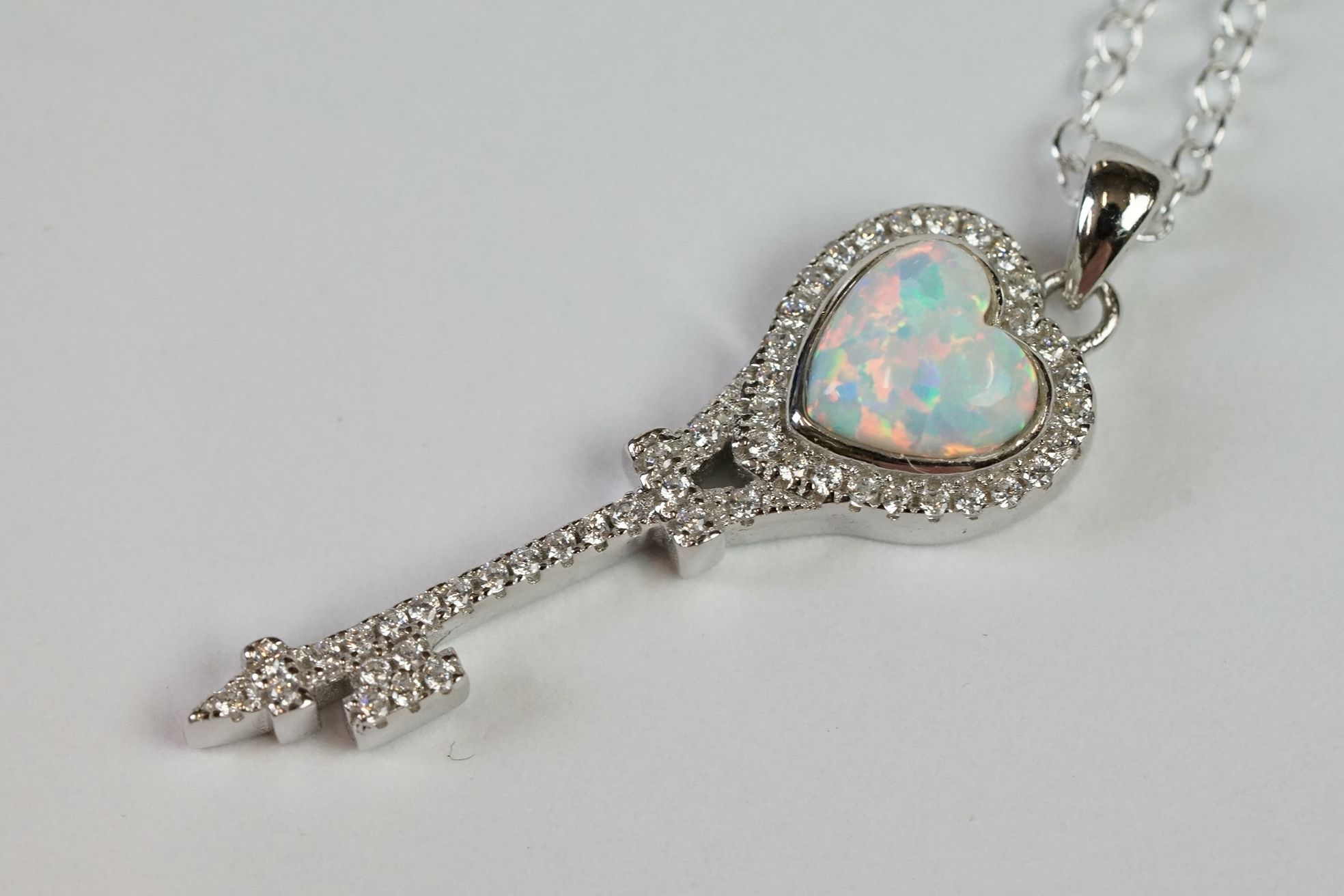 Silver CZ and Opal Key shaped Tiffany style Pendant Necklace - Image 3 of 7