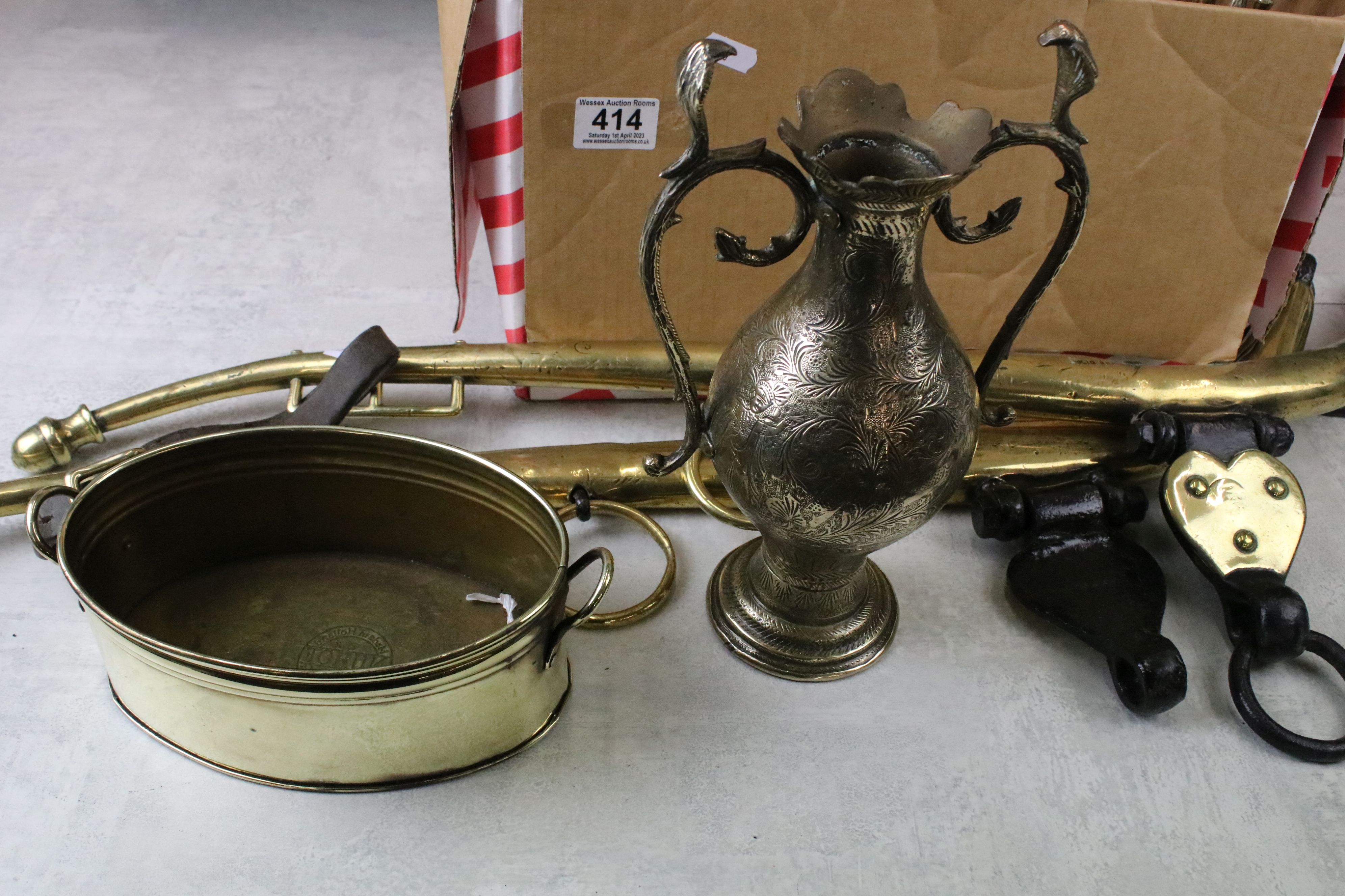 A small collection of mixed brass and copper ware to include ornamental chairs, jug, figure, - Image 4 of 5