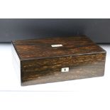 19th Century Coromandel writing slope with initialled MOP cartouche to lid, opening to reveal a