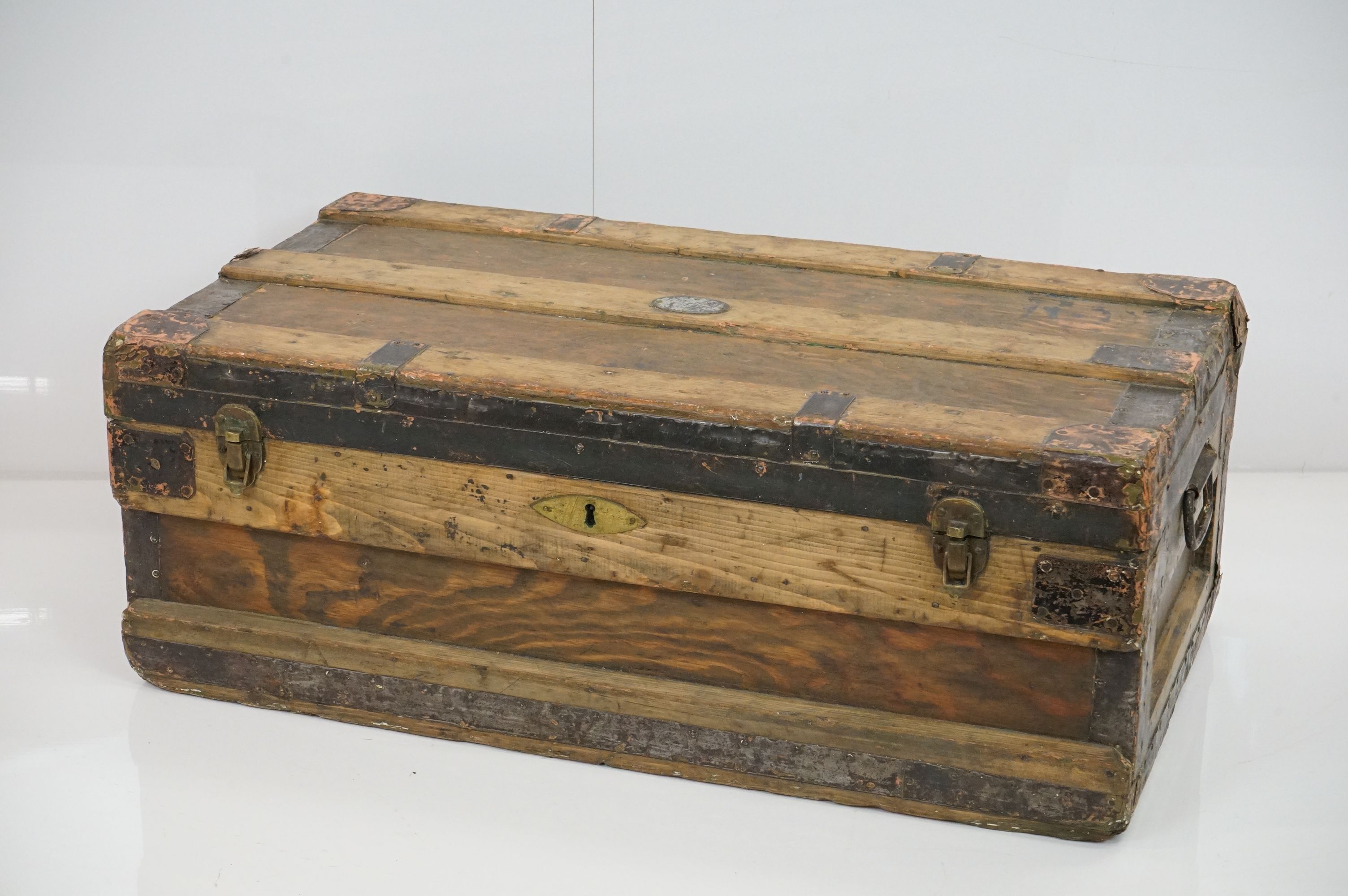 19th century Pine and Metal Bound Travelling Trunk / Box with two carrying handles, 81cm wide x 31cm - Image 2 of 12