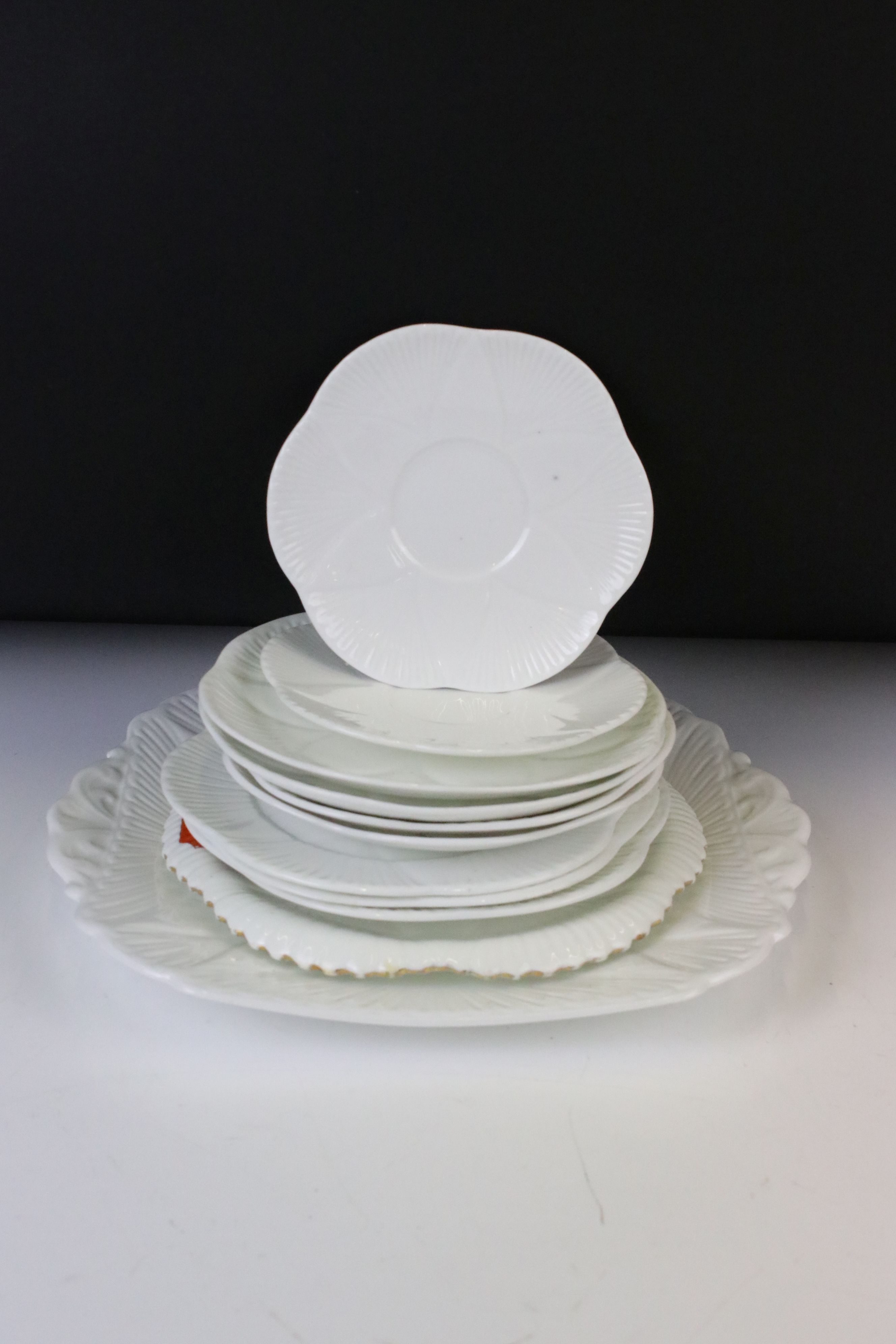 Shelley & Foley Dainty White Tea Wares of moulded lobed form, with leaf decoration (Shelley reg - Image 3 of 28