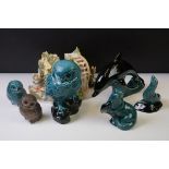 Six Poole Pottery animal figures, mostly blue glazed examples, to include a dolphin, 3 x owls, an