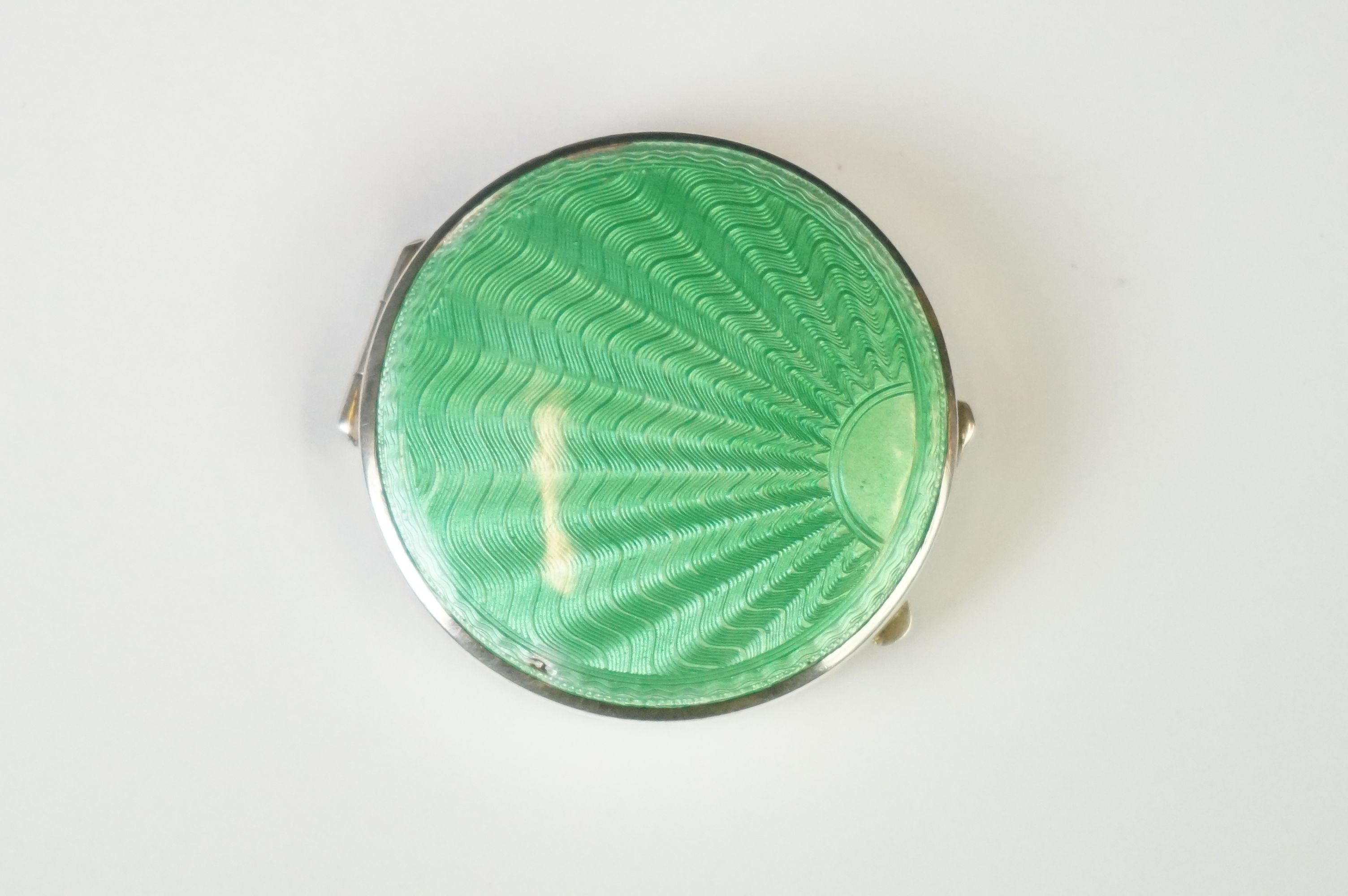 A fully hallmarked sterling silver and enamel Art Deco powder compact with green guilloche - Image 2 of 12