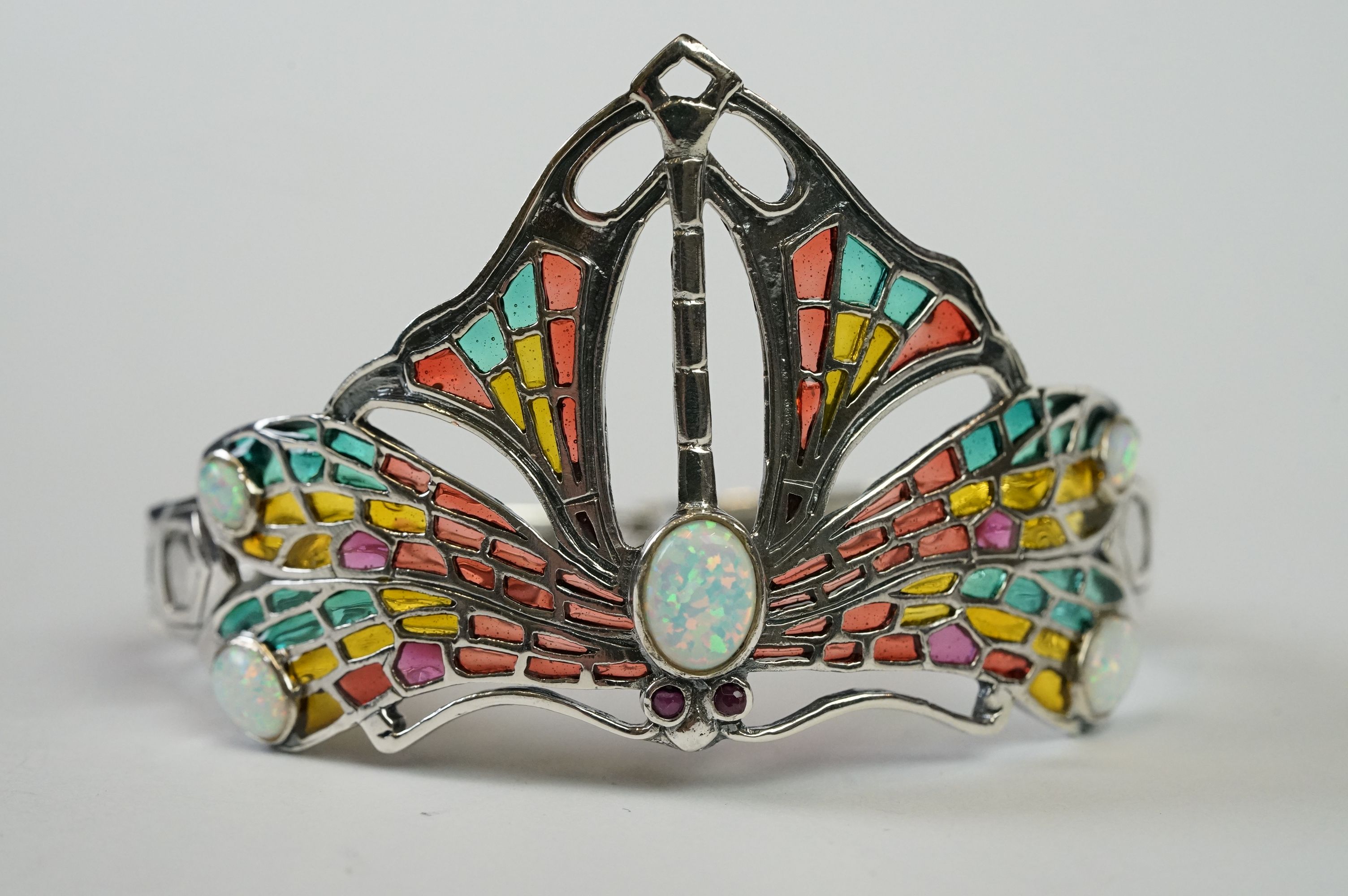 Large Silver Plique a Jour Cuff Bangle in the Art Deco style with opal cabochons - Image 2 of 11