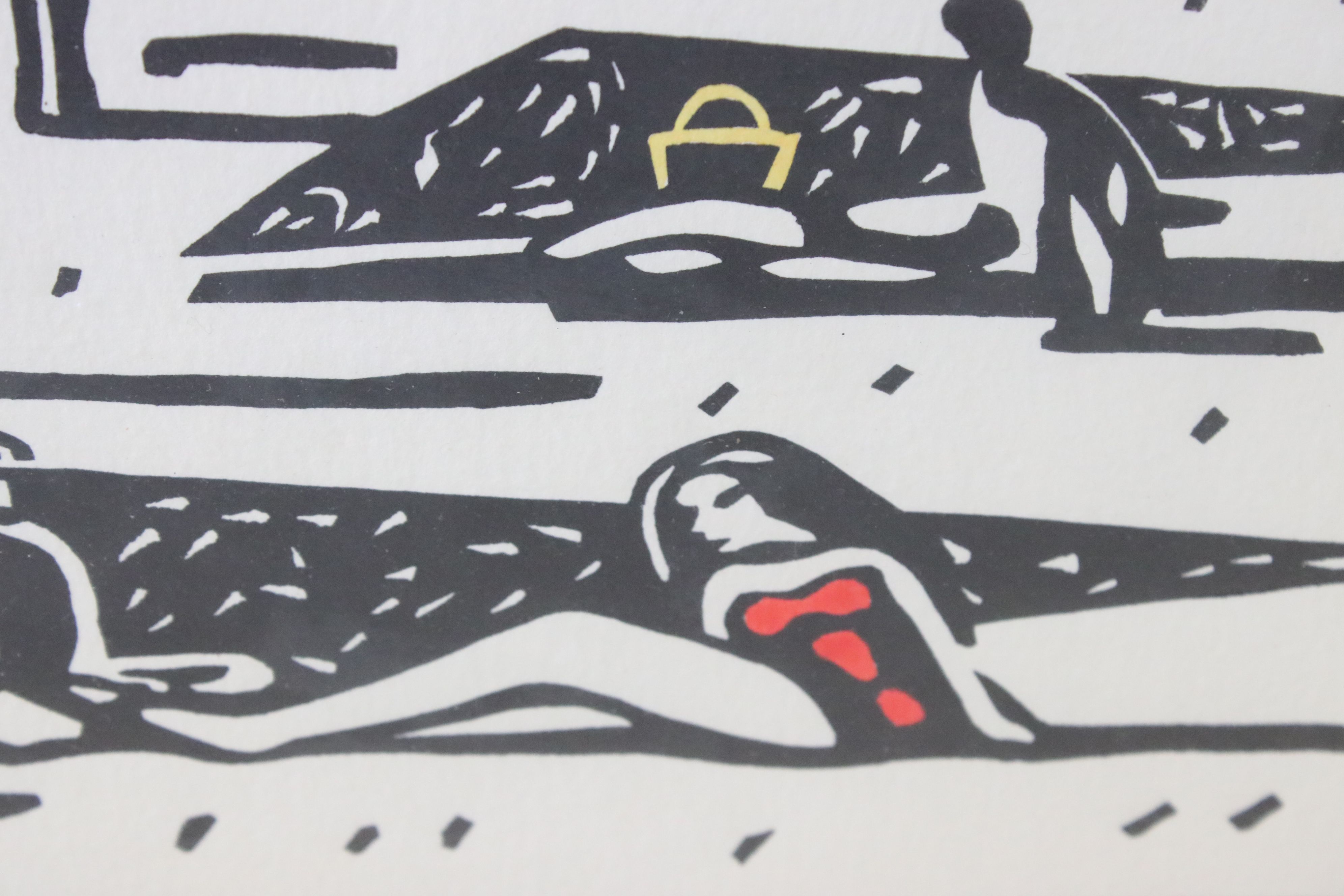 S. G., Framed and Glazed Linocut of Figures in Landscape titled ' Afternoon in the sun ', - Image 4 of 9