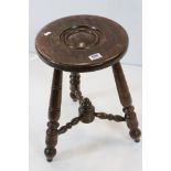 19th century Stained Beech Wood Stool raised on three turned ringed supports united by a cross-