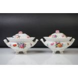 Pair of 19th Century Continental Porcelain Soup Tureens & Covers, twin-handled, with hand-painted