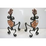 Pair of Art Nouveau Wrought Iron and Copper Fire Dogs with flower and fleur de lys decoration,