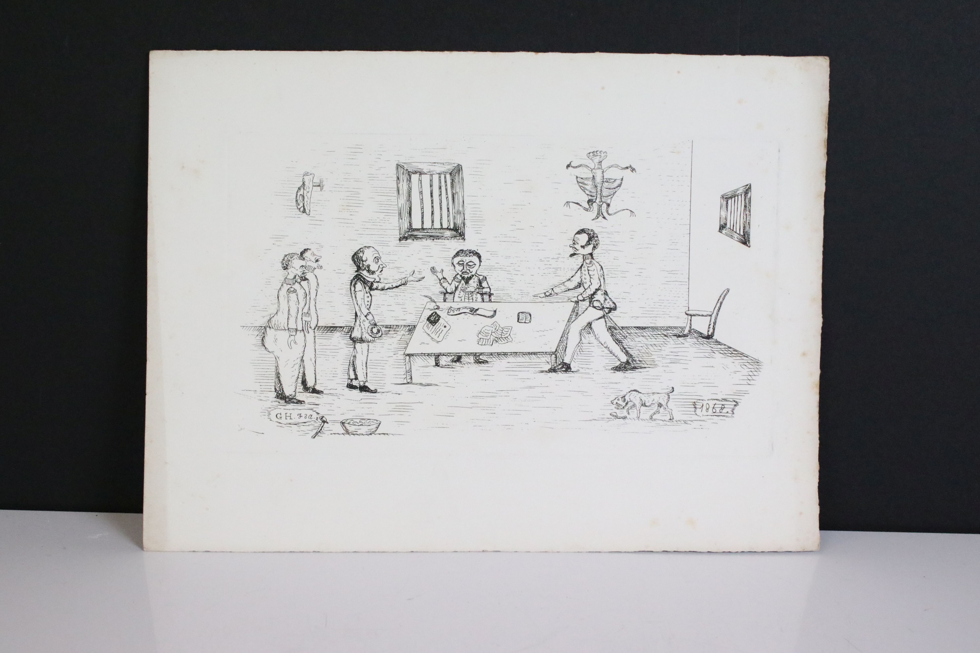 Approximately Twenty 19th century Pen and Ink / Etchings, some comical, all with monogrammed - Image 7 of 9