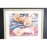 20th century Lithograph / Print Portrait of a Recumbent Nude Female and Exotic Birds in vivid tones,