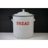 Large Early to Mid century Enamel Bread Bin and Lid, marked in red writing ' Bread ', with