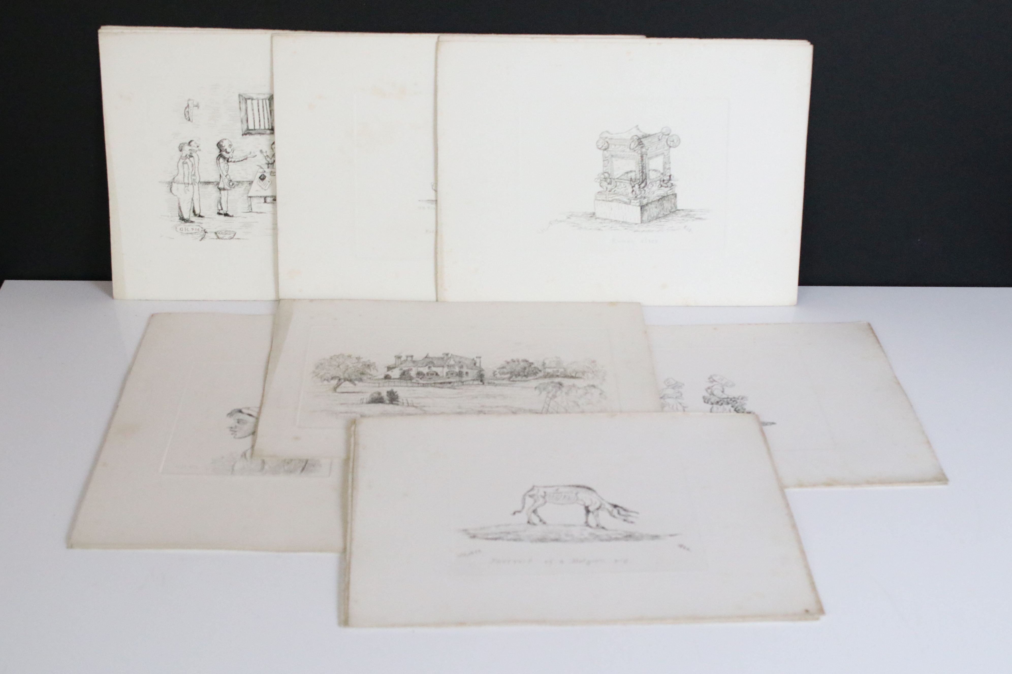 Approximately Twenty 19th century Pen and Ink / Etchings, some comical, all with monogrammed