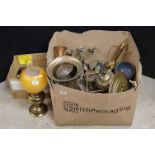 Large Quantity of Copper, Brass and metal ware including Brass Stick Stand, Brass Oil Lamp, Brass