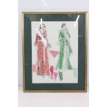 David Brooks (fashion designer ) Watercolour with applied material, Portrait depicting ladies