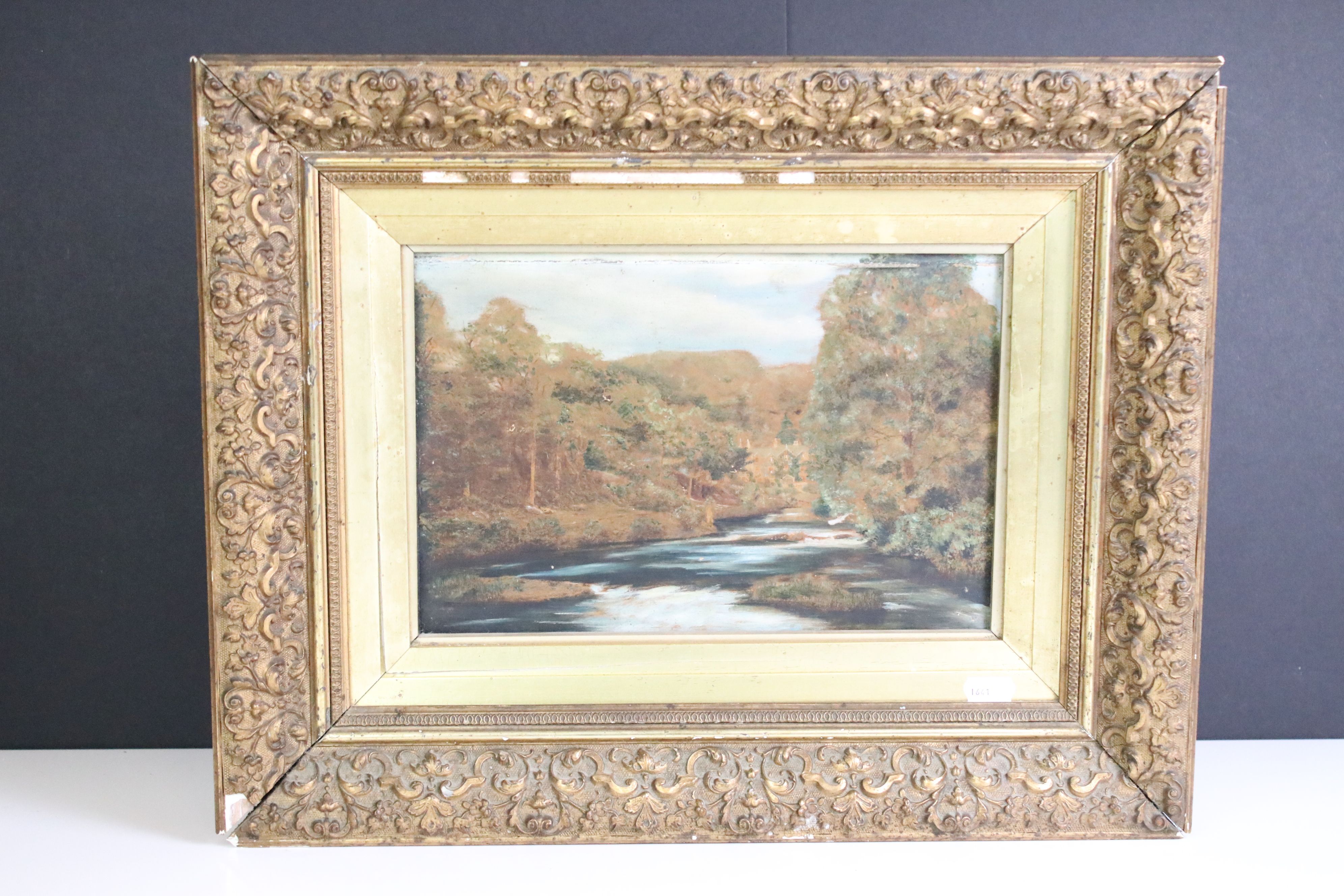 Late 19th / Early 20th century Oil on Canvas of Landscape River Scene, 19cm x 29cm, gilt framed