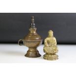 Indian / Nepalese brass oil lamp with finger loop handle (16.5cm high), plus a Brass Buddhist figure